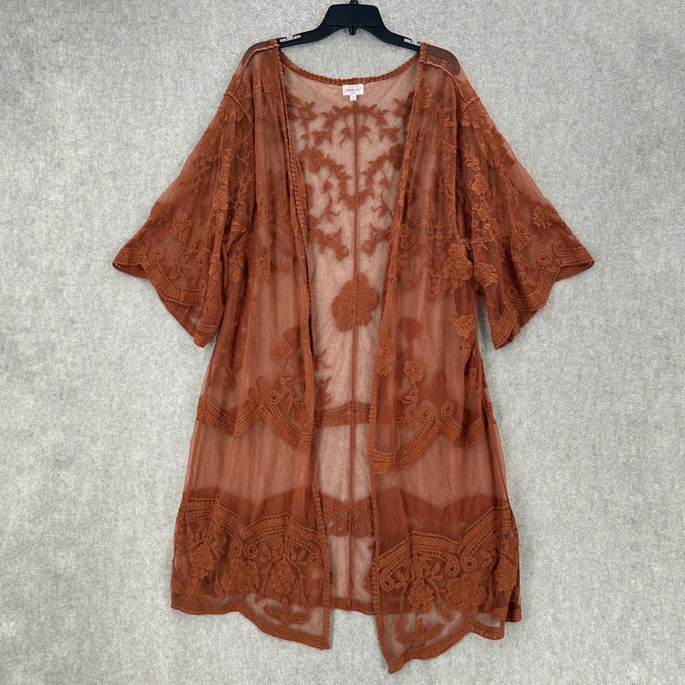 Dizzy Gal Rust Brown Floral Embroidered Mesh Lace Kimono Cardigan 1X
